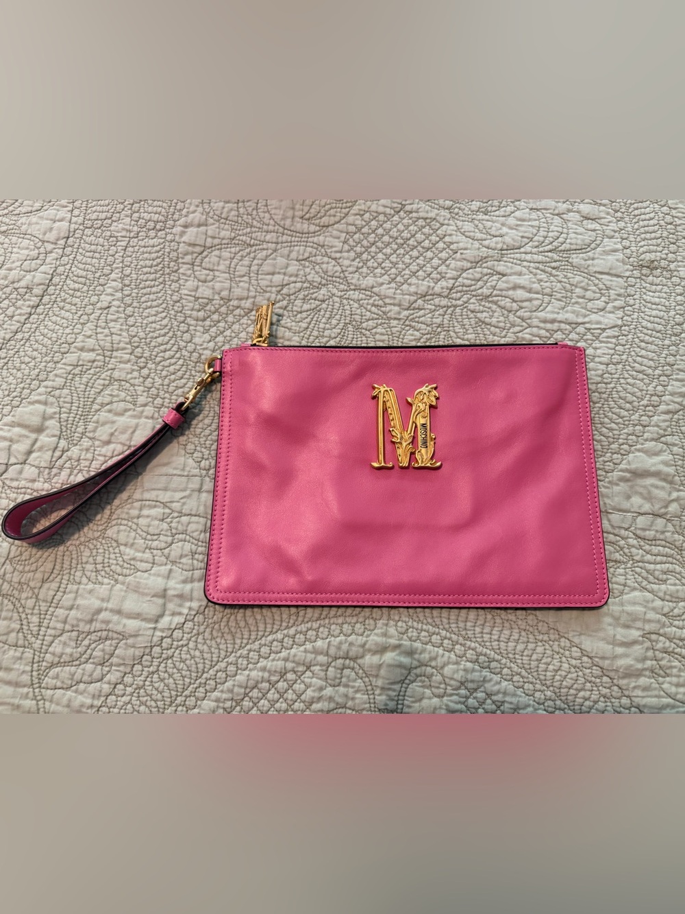 Moschino Hot Pink Leather Wristlet Clutch with Gold 'M' Logo